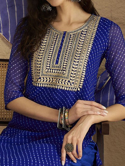 Indyancart VA Women'sBandhani Printed Silk Georgette Round Neck Straight Kurta With Trousers & Dupatta