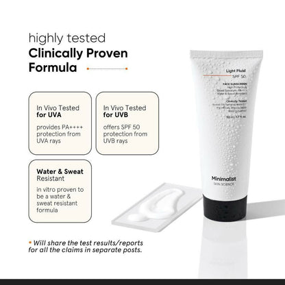 Minimalist Light Fluid Face Sunscreen SPF 50 PA++++, lightweight, water and sweat resistant, with a smooth, invisible finish on the skin.