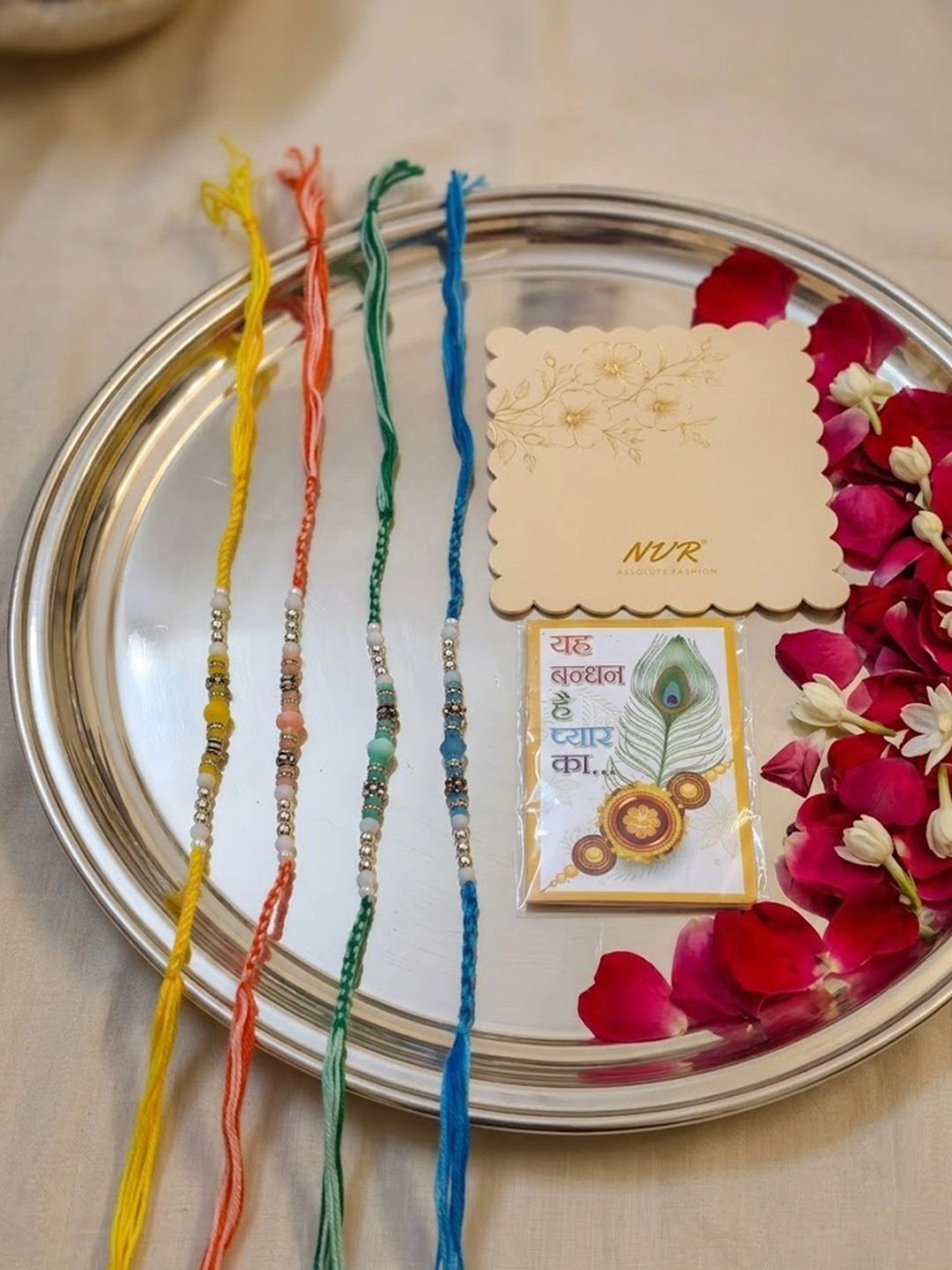 Anouk Set Of 4 Multicolor Artificial Beads Thread Rakhi With Roli Chawal Chandan Mishri