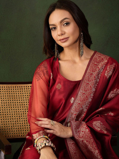 Indyancart SN Women's Woven Design Kurta & Palazzo With Dupatta