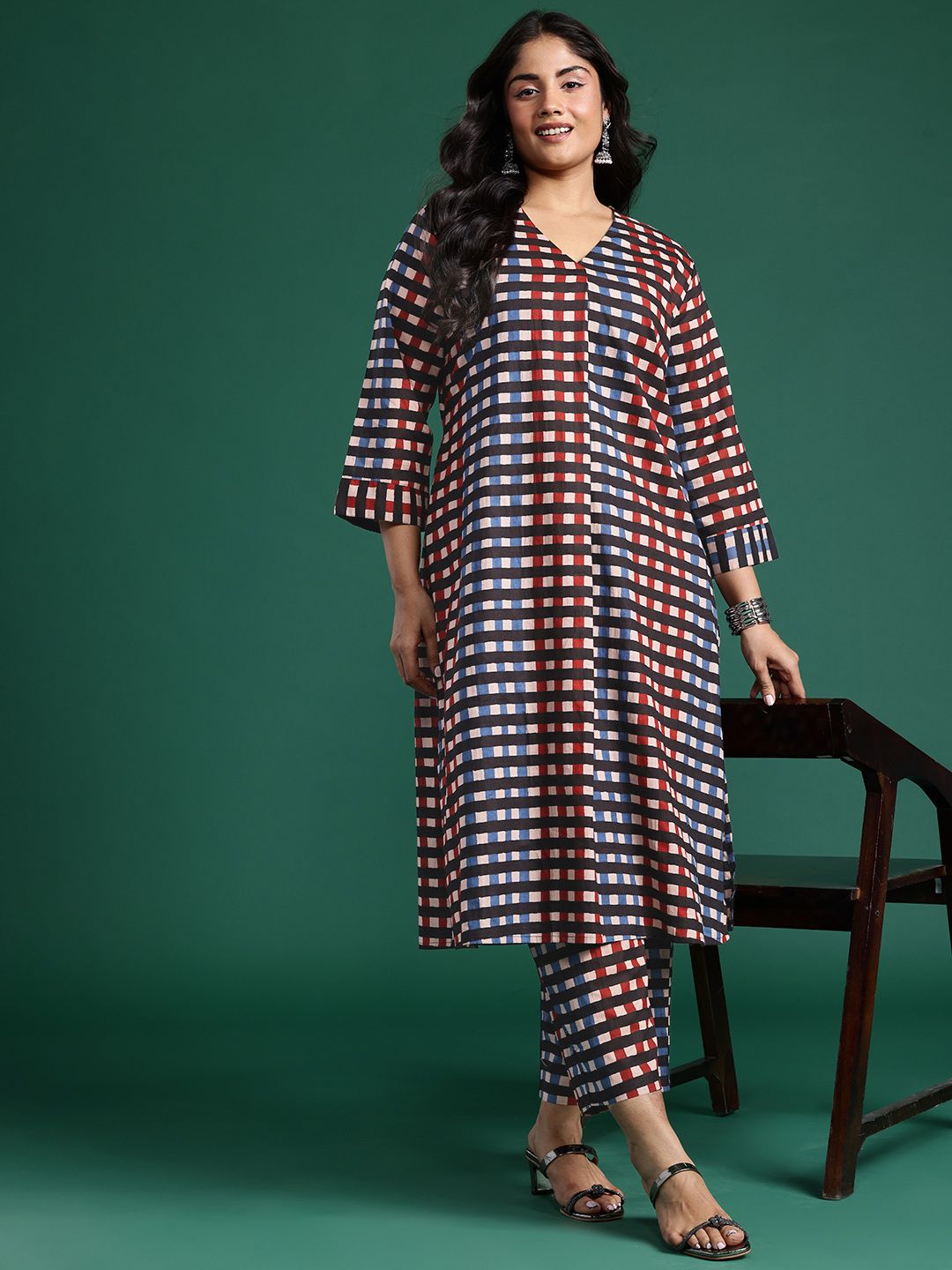 Pleated Checked Cotton Kurta with Palazzos