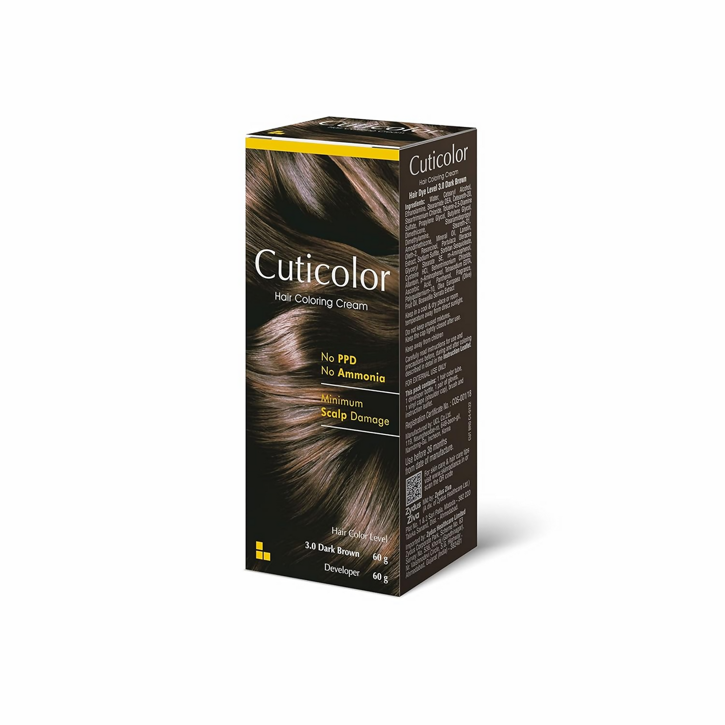 Cuticolor Dark Brown Hair Color Cream showing a tube of hair dye and a section of dark brown hair ready for coloring.