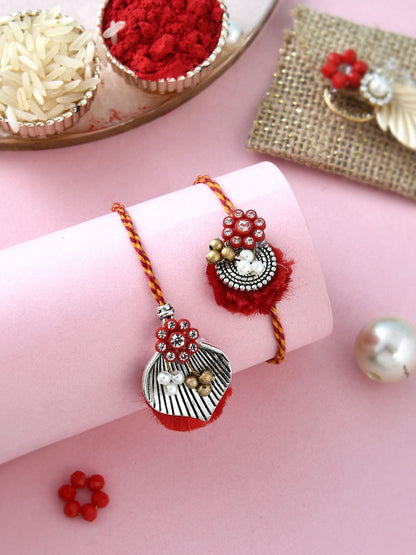 Anouk Red Beaded Bhaiya Bhabhi Rakhi With Roli Chawal & Greeting Card