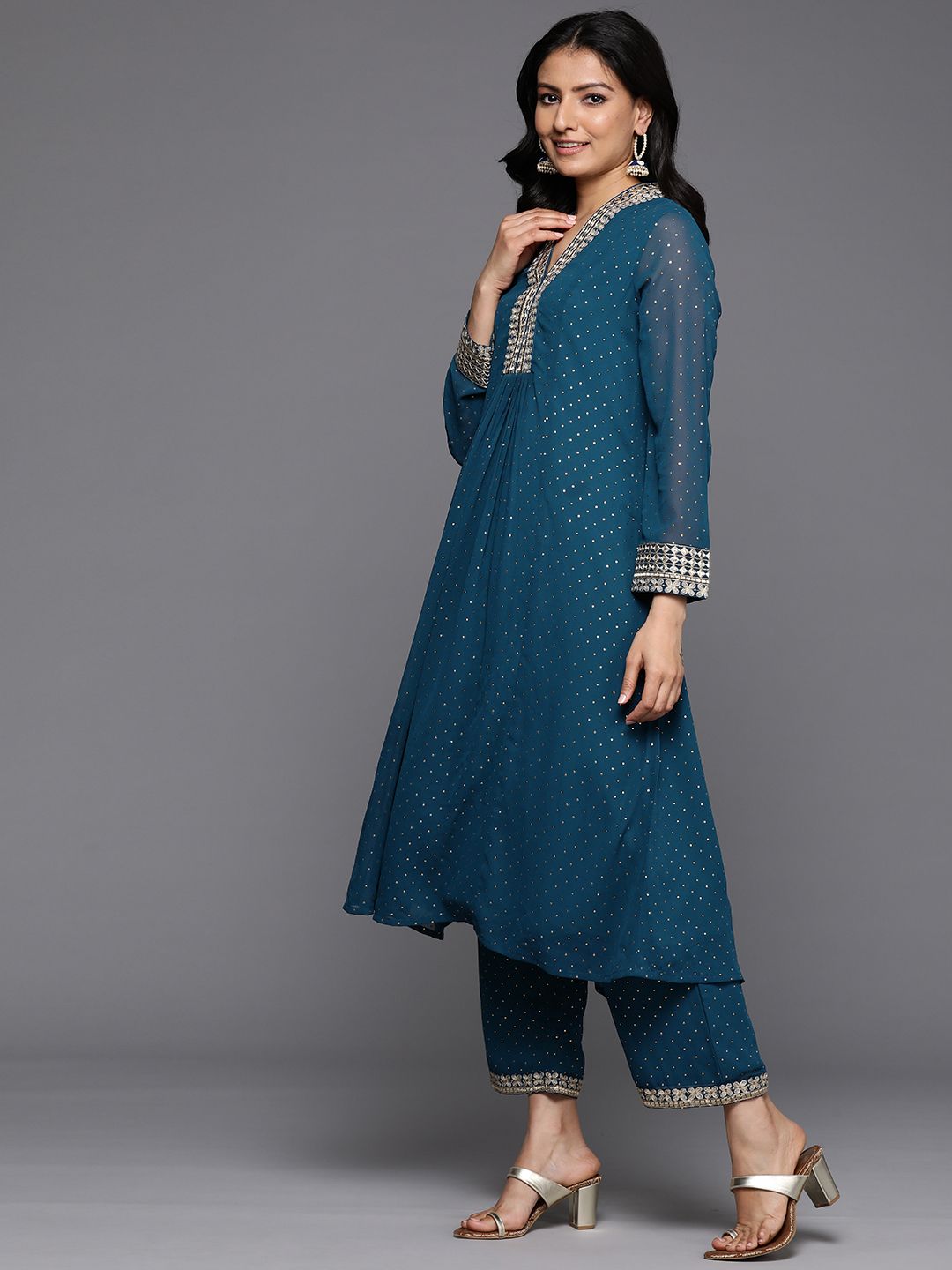 Indyancart VA Women'sBlue Polka Dots Printed Thread Work Silk Georgette Kurta & Trouser & Dupatta