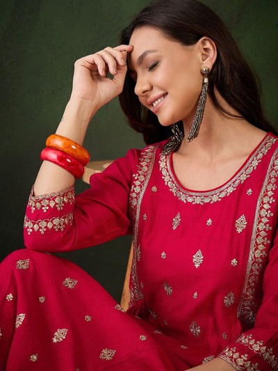Indyancart SN Women's Floral Embroidered Round Neck Sequinned Anarkali Kurta With Trousers