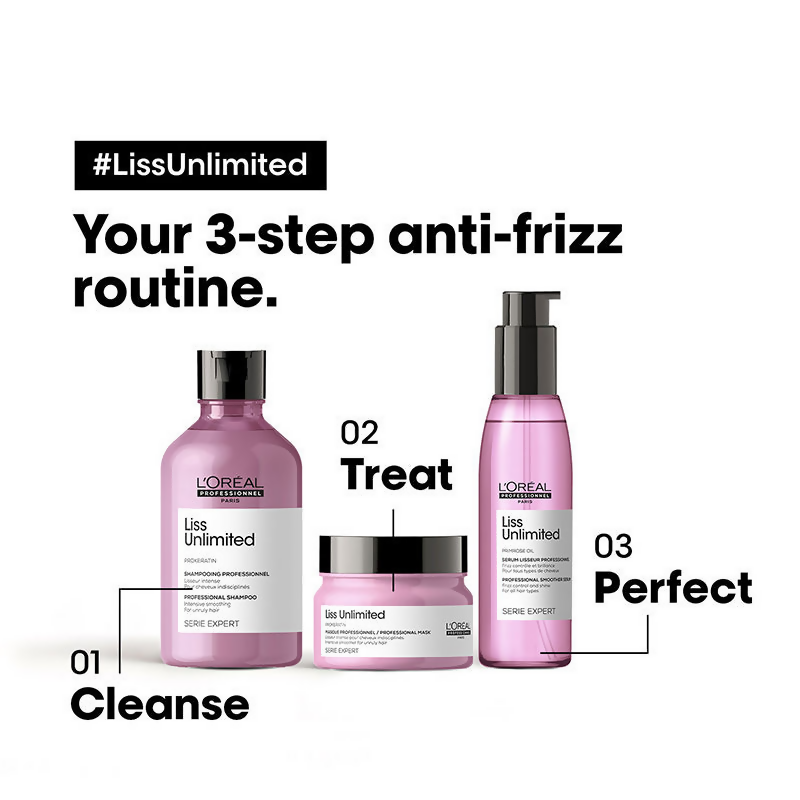 L'Oreal Paris Serie Expert Liss Unlimited hair mask, shampoo, and serum for smooth, frizz-free hair with a sleek finish.
