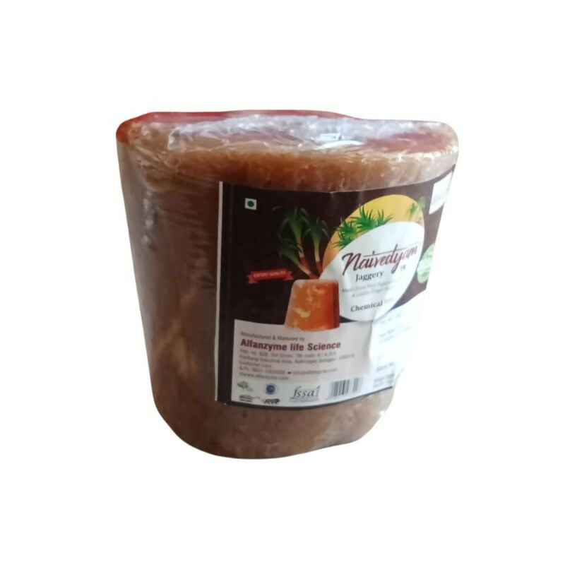 Naivedyam chemical-free jaggery cubes showing golden brown, textured sugar blocks ideal for natural sweetening.