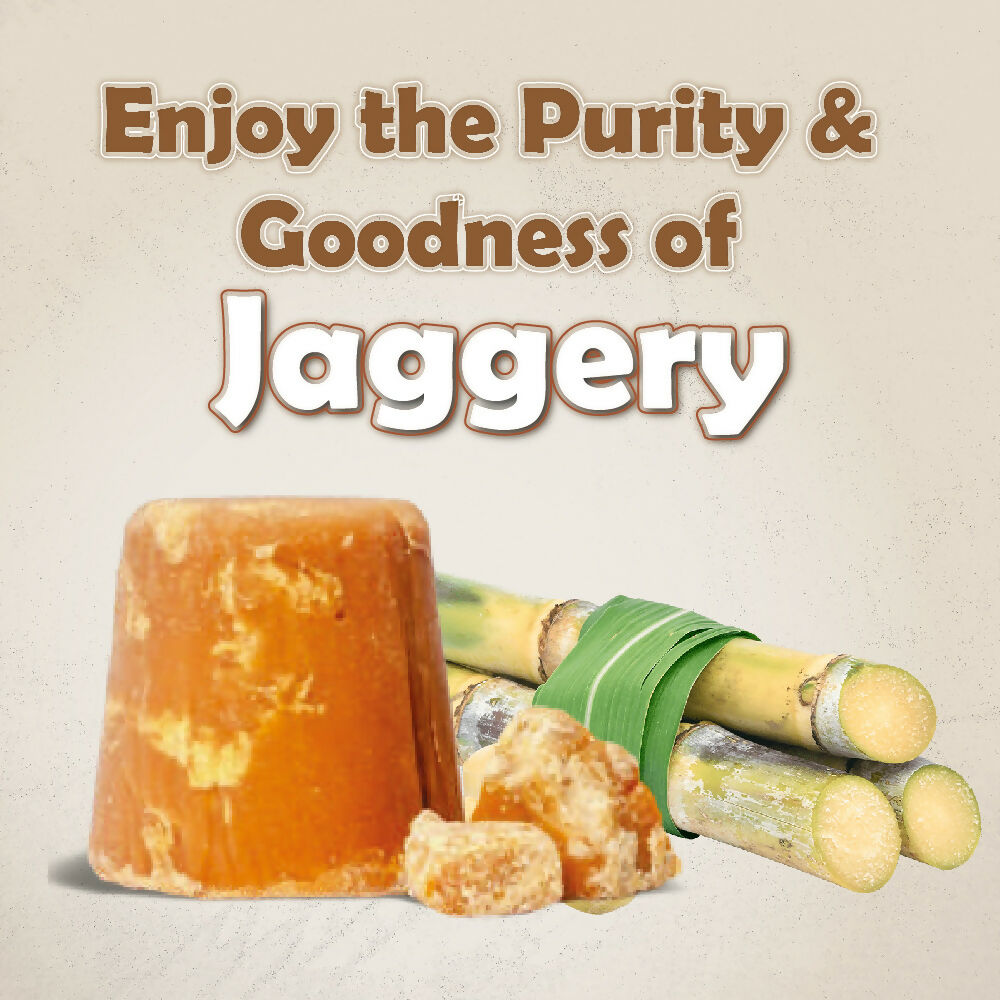 Naivedyam chemical-free jaggery cubes in a clear container, showcasing golden brown, unrefined, natural sweetener pieces.