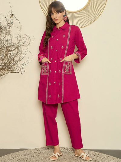 Indyancart IE Women Ethnic Motifs Embroidered A-Line Thread Work Pure Cotton Kurta & Trousers