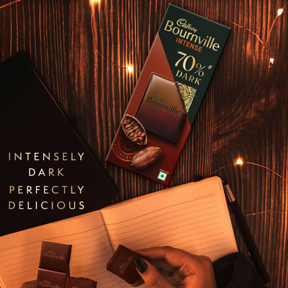 Cadbury Bournville rich cocoa 70% dark chocolate bar with smooth, dark chocolate surface and rectangular shape.