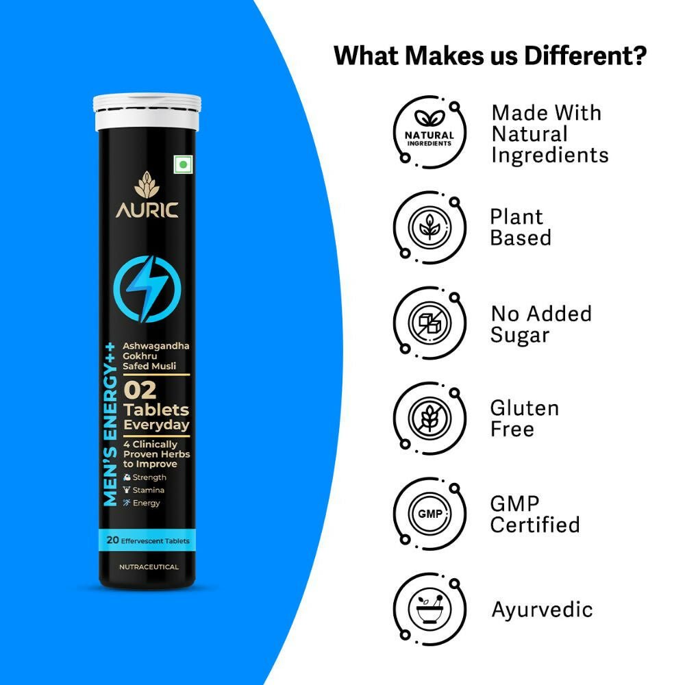 Auric Men's Energy++ Ayurvedic effervescent tablets in a glass with tablets and a natural setting background.