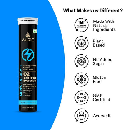 Auric Men's Energy++ Ayurvedic effervescent tablets in a glass with tablets and a natural setting background.