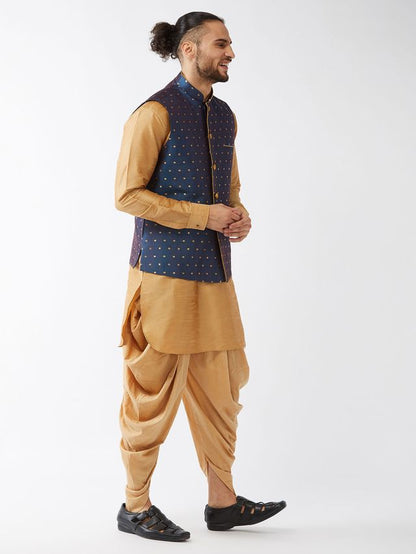 Men's Rose Gold Silk Blend Straight Jacket  Kurta and Dhoti Set