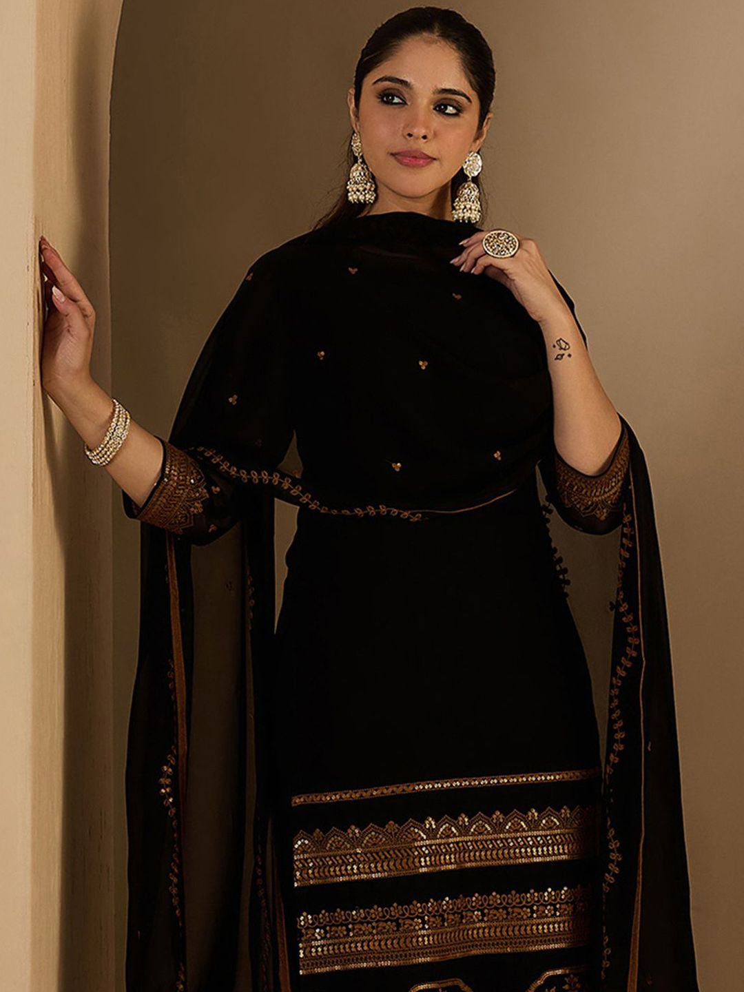 Indyancart IE Women's Women Ethnic Motifs Printed Kurta with Palazzos & Dupatta