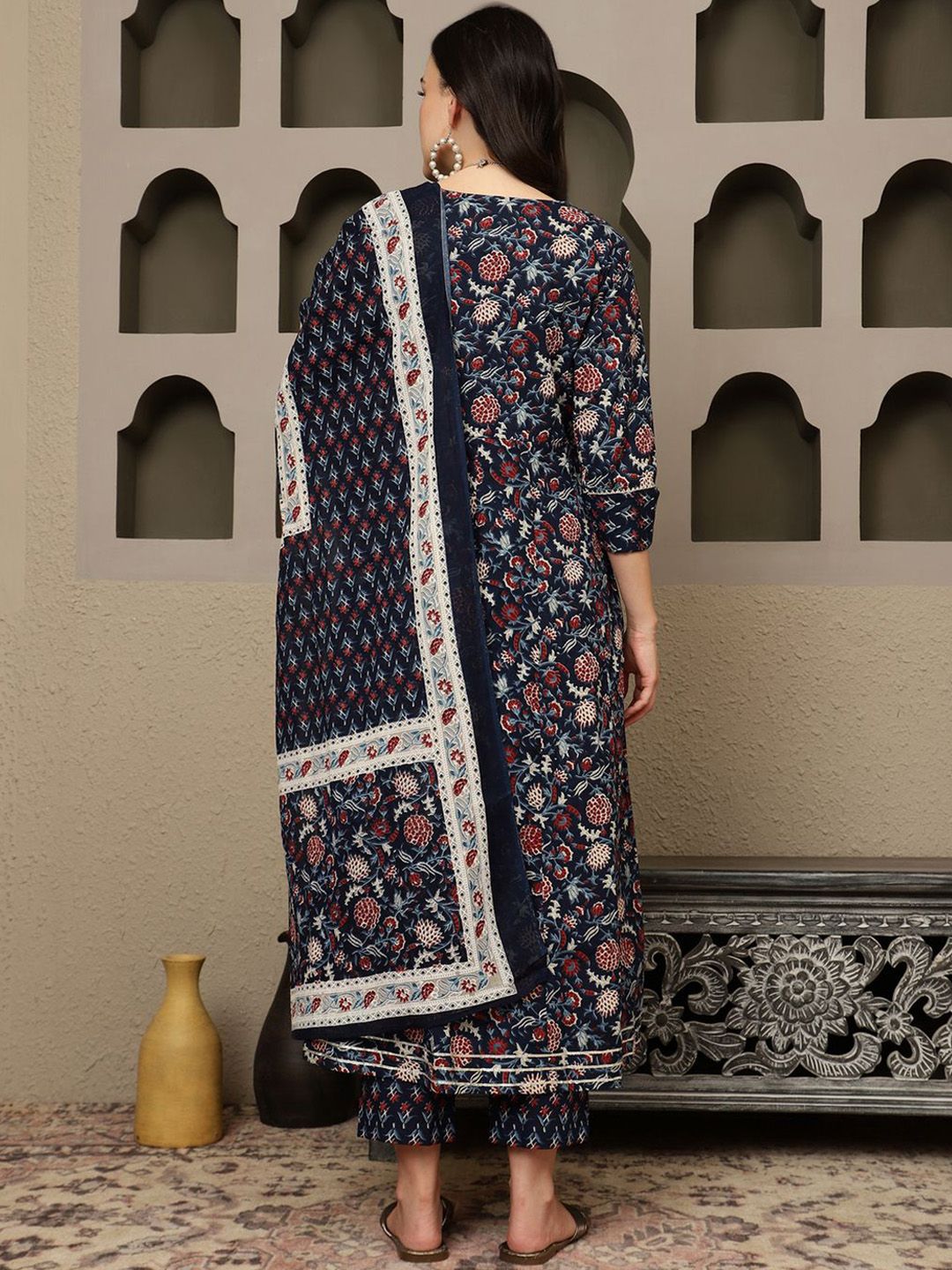Indyancart SN Women's Navy Blue Floral Printed Pure Cotton Anarkali Kurta With Trousers & Dupatta