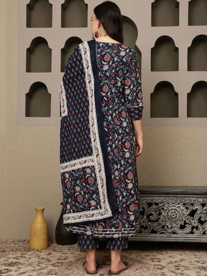 Indyancart SN Women's Navy Blue Floral Printed Pure Cotton Anarkali Kurta With Trousers & Dupatta