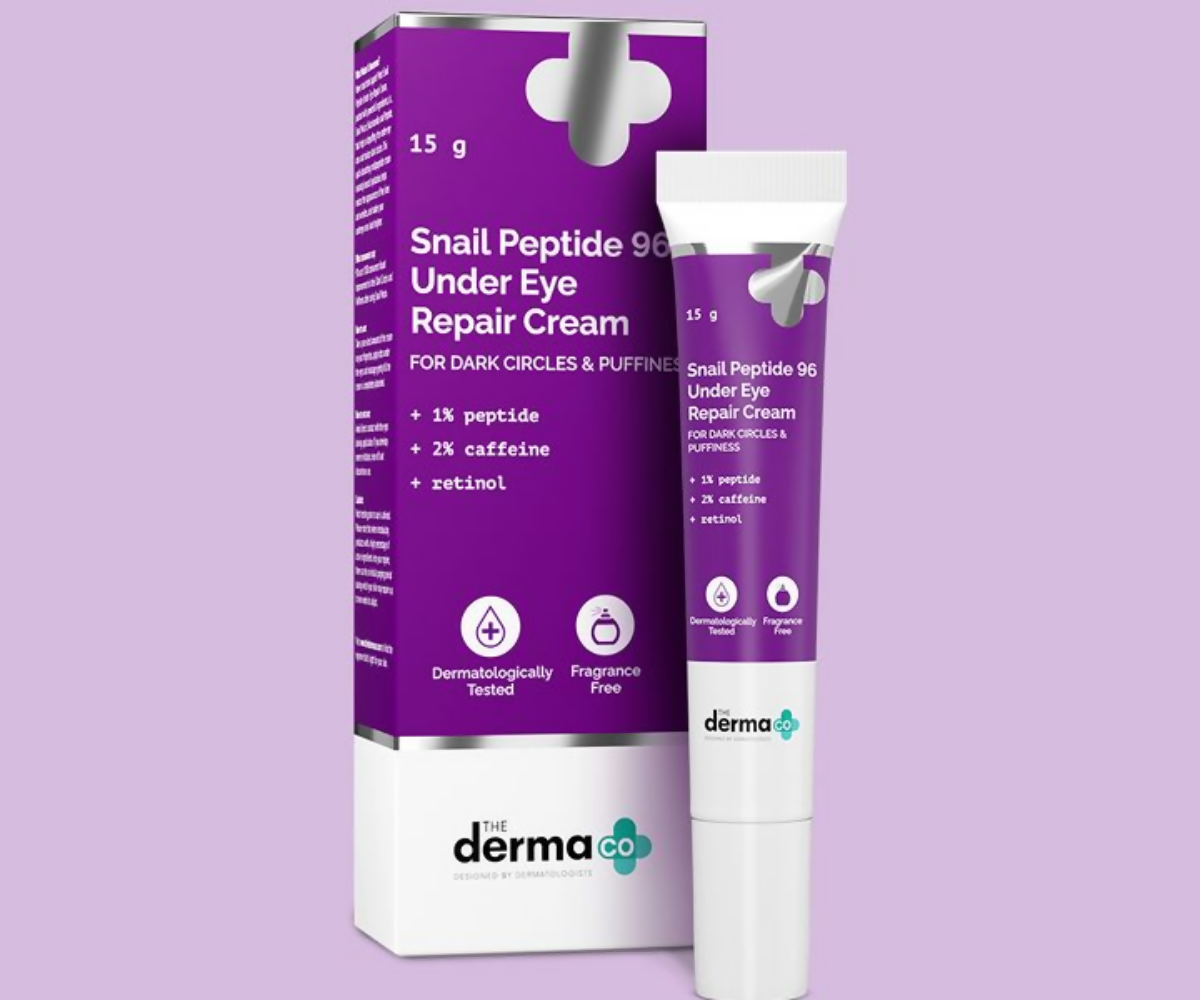 The Derma Co Snail Peptide 96 under eye cream with snail mucin and peptide complex for dark circles and puffiness.