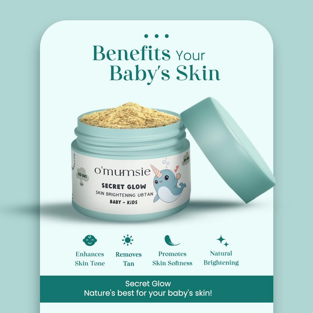 O'Mumsie Secret Glow skin brightening baby ubtan in a jar, gentle baby body scrub with natural ingredients for soothing bath time.