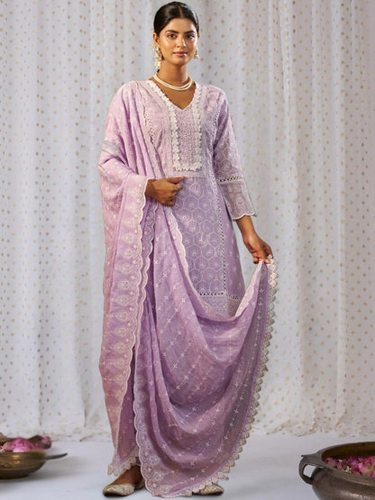 Women Ethnic Motifs Embroidered Regular Chikankari Pure Cotton Kurta with Trousers & With Dupatta