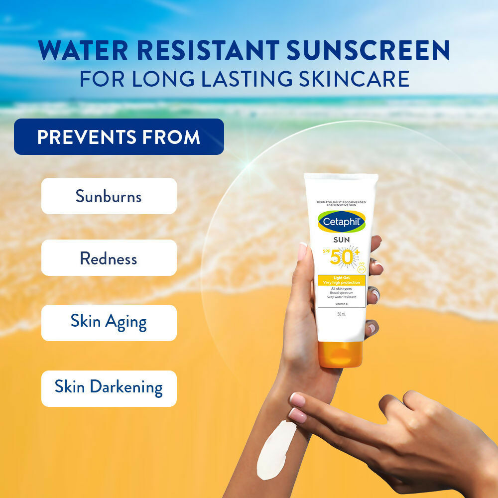 Cetaphil Sun SPF 50 Light Gel Mineral Sunscreen for normal, dry, and oily skin in a clear tube with a white cap.