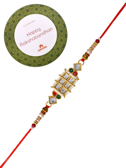 Anouk Red Mirror & Pearl-Beaded Rakhi With Roli Chawal & Greeting Card