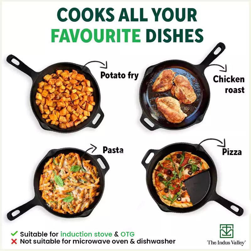 The Indus Valley Super Smooth Cast Iron Frypan+ Free ₹110 Spatula, Pre-seasoned, Nonstick, 100% Pure,Toxin-free, 25.4cm, 1.7L, 2.4kg