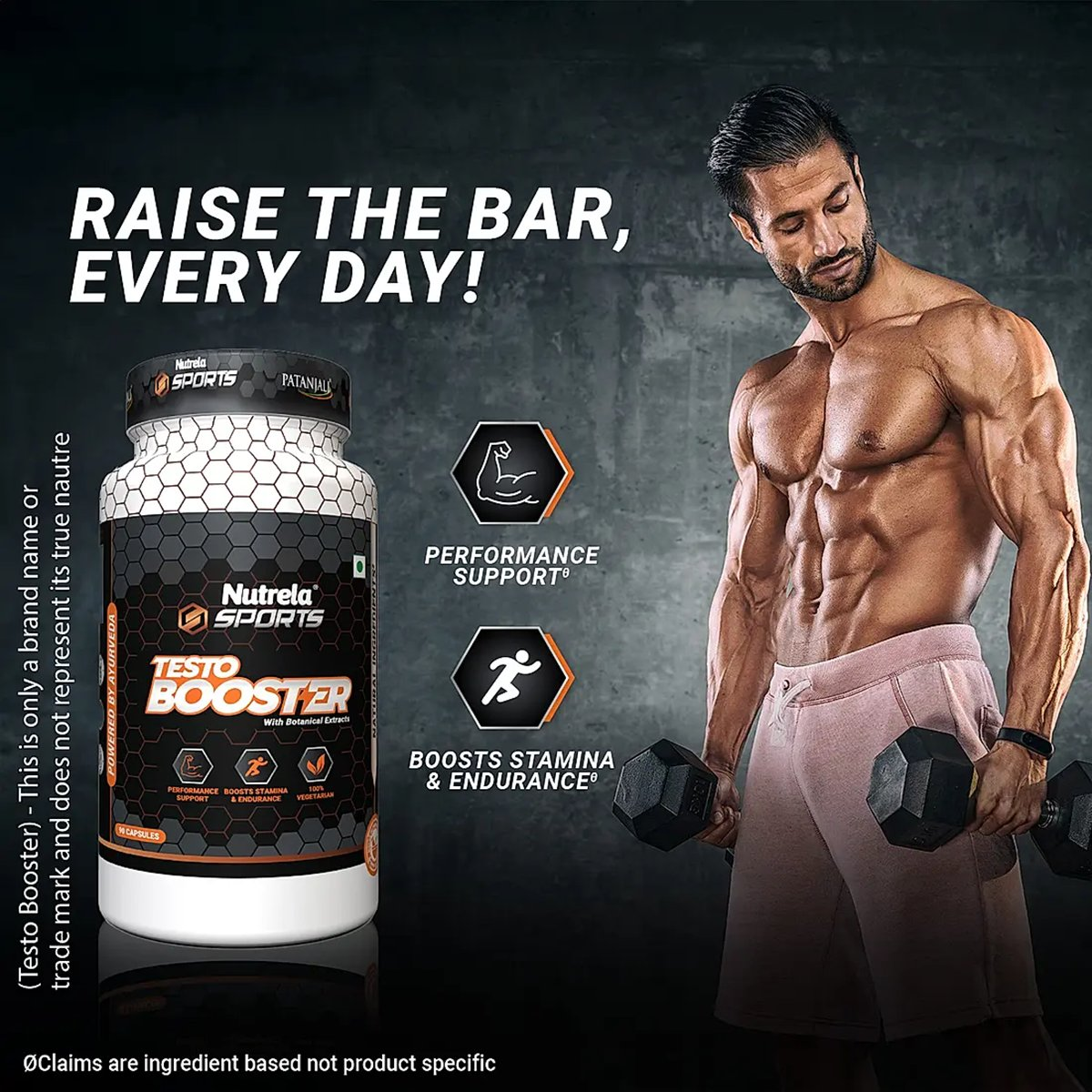 Patanjali Nutrela Sports Testobooster Ayurvedic powder in a jar, natural herbal supplement for energy and vitality enhancement.