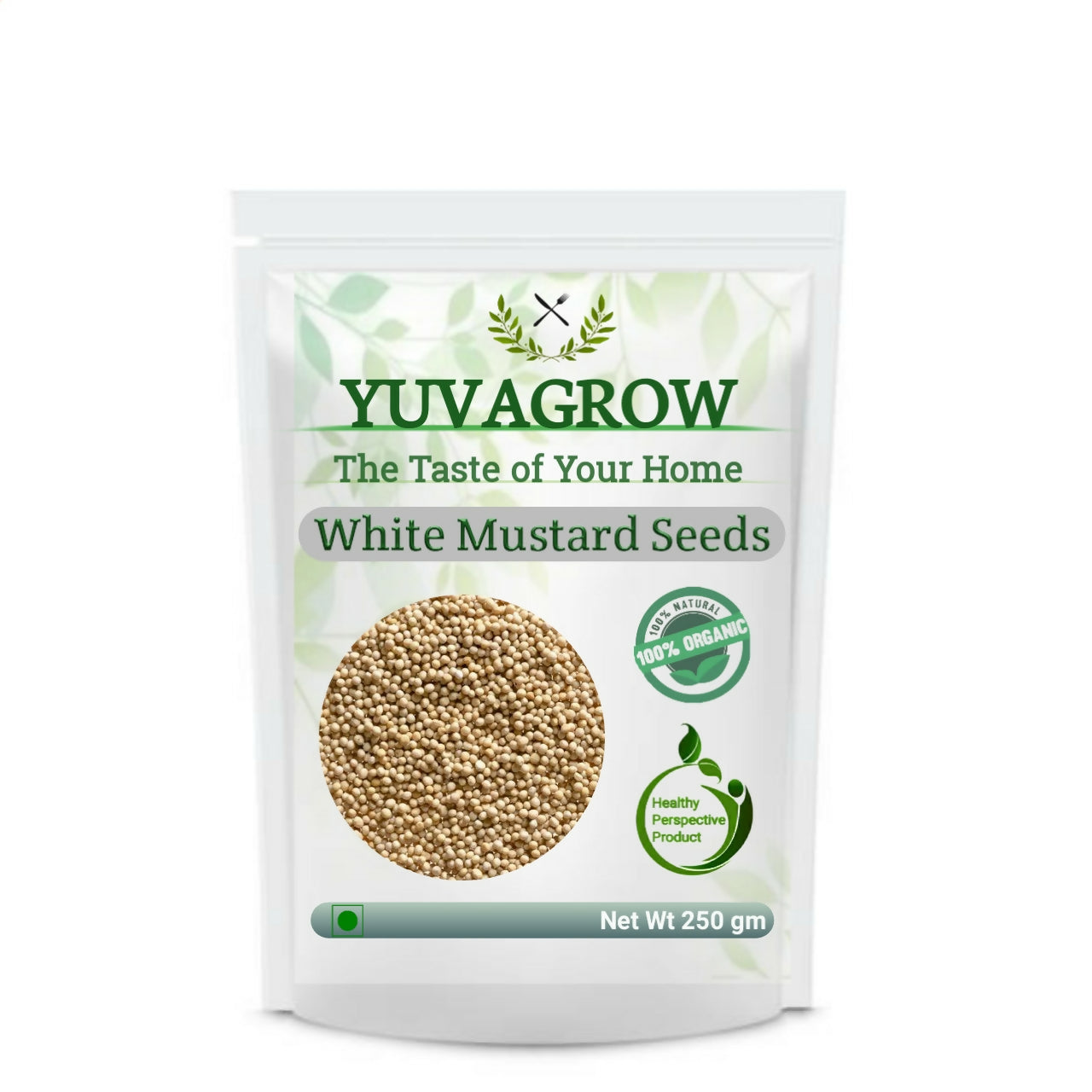 Yuvagrow white mustard seeds in a clear bowl, showing small round yellow spice grains for cooking and seasoning.