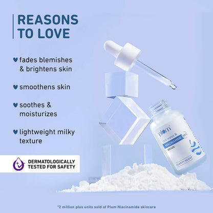 Plum 10% Niacinamide Brightening Face Serum with rice water, showing the serum bottle and ingredients, for fade blemishes and dark spots.