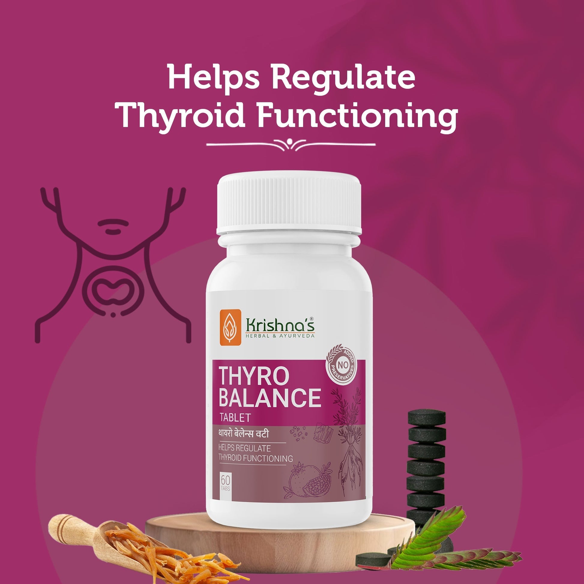 Krishna's Herbal & Ayurveda Thyro Balance Ayurvedic Tablets shown in a bottle with tablets inside.