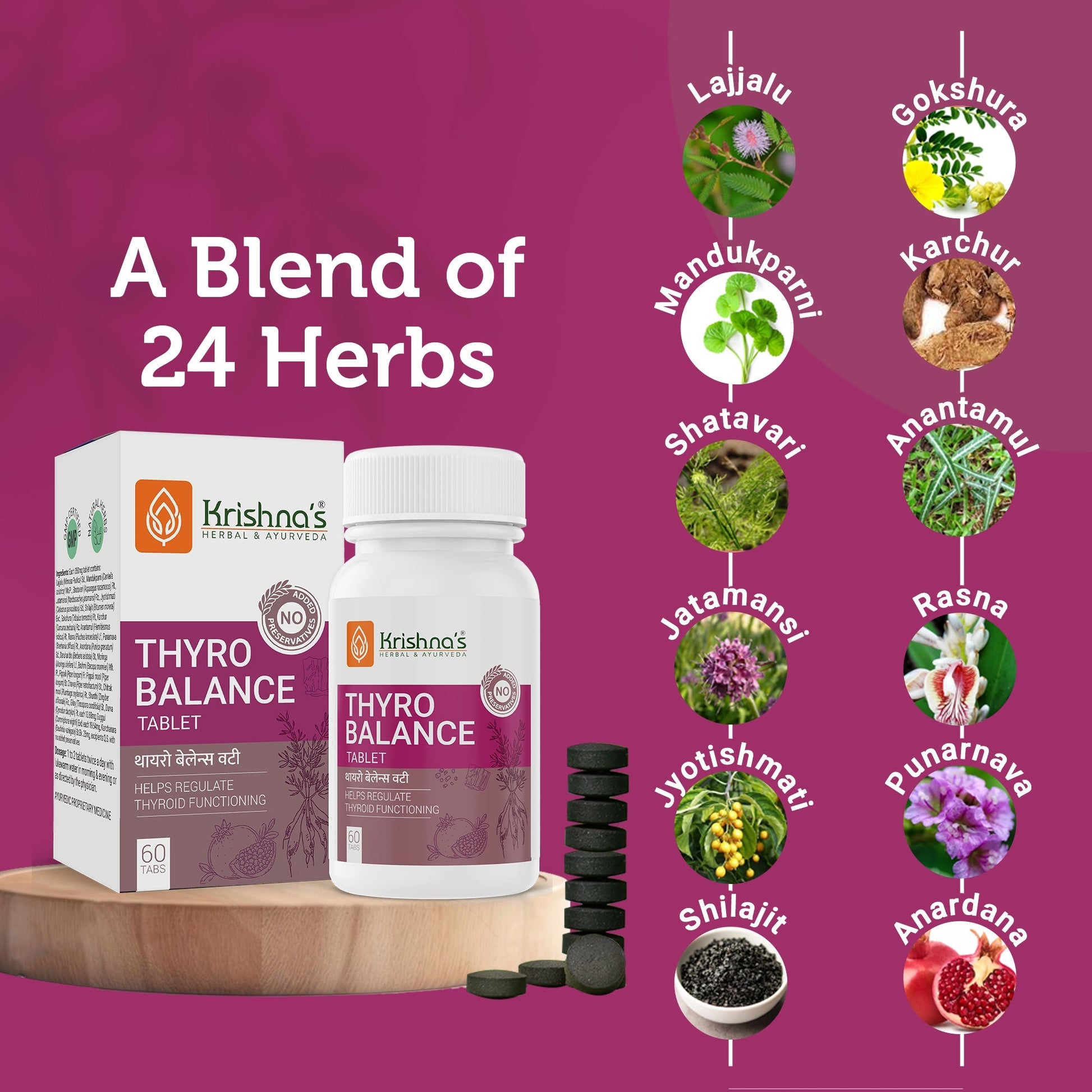 Krishna's Herbal & Ayurveda Thyro Balance Ayurvedic tablets in a bottle, designed to support thyroid health and balance.