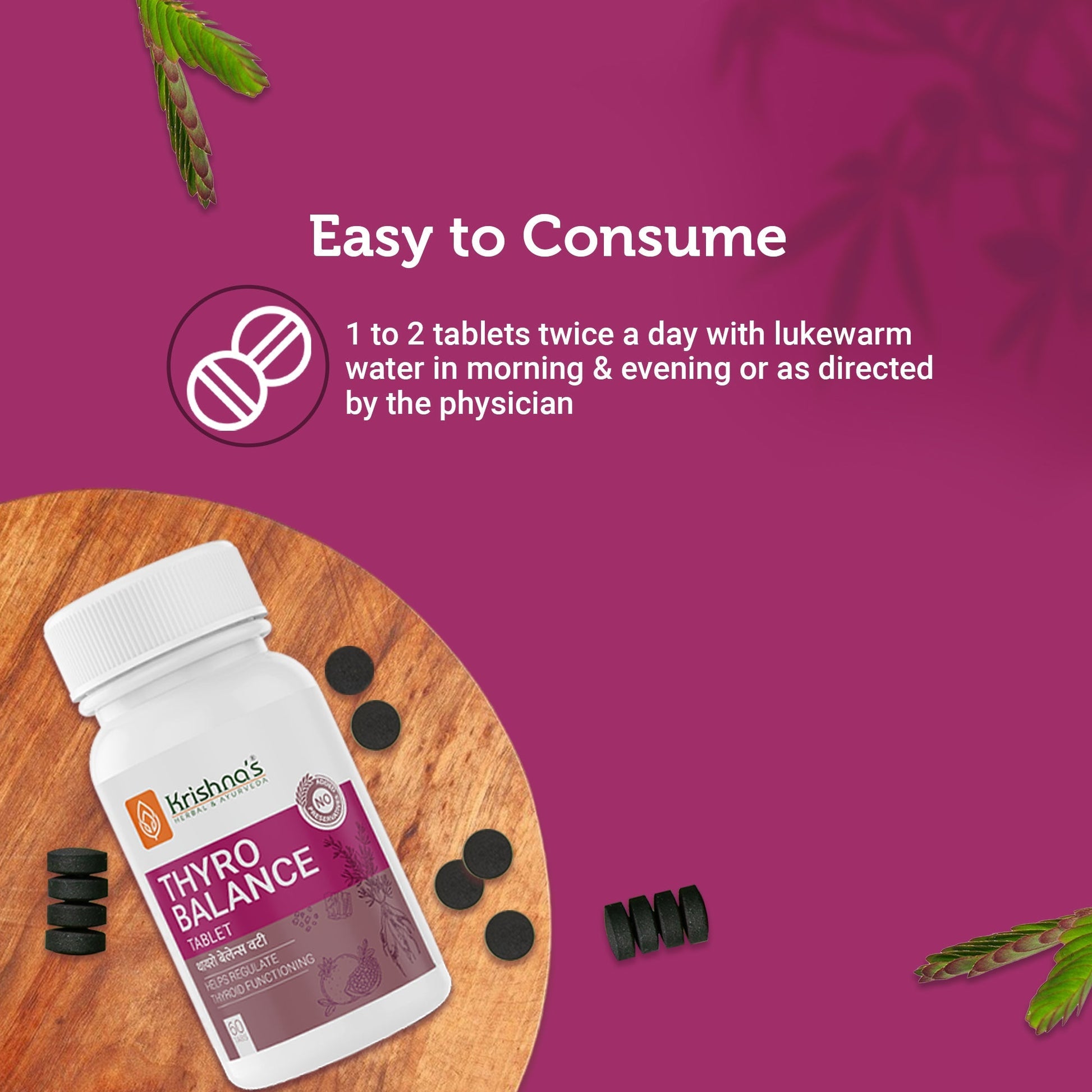 Krishna's Herbal & Ayurveda Thyro Balance Ayurvedic tablets in a bottle, natural herbal supplement for thyroid health.
