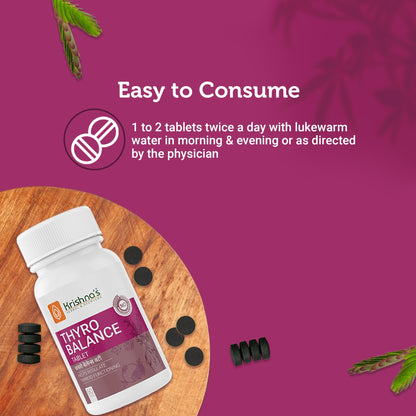 Krishna's Herbal & Ayurveda Thyro Balance Ayurvedic tablets in a bottle, natural herbal supplement for thyroid health.