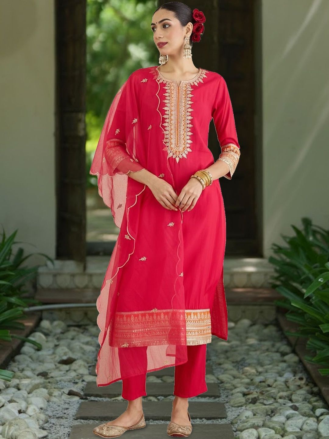 Women Ethnic Motifs Embroidered Regular Thread Work Kurta with Trousers & With Dupatta