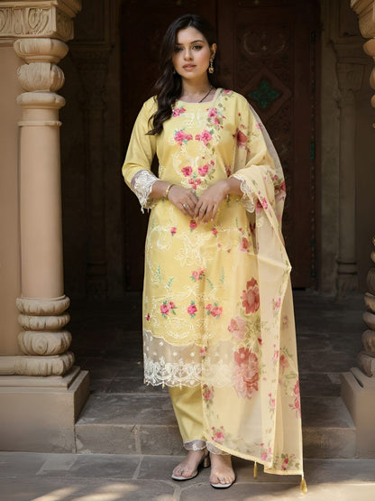 Indyancart IE Women's Women Floral Printed Regular Thread Work Kurta with Trousers & Dupatta