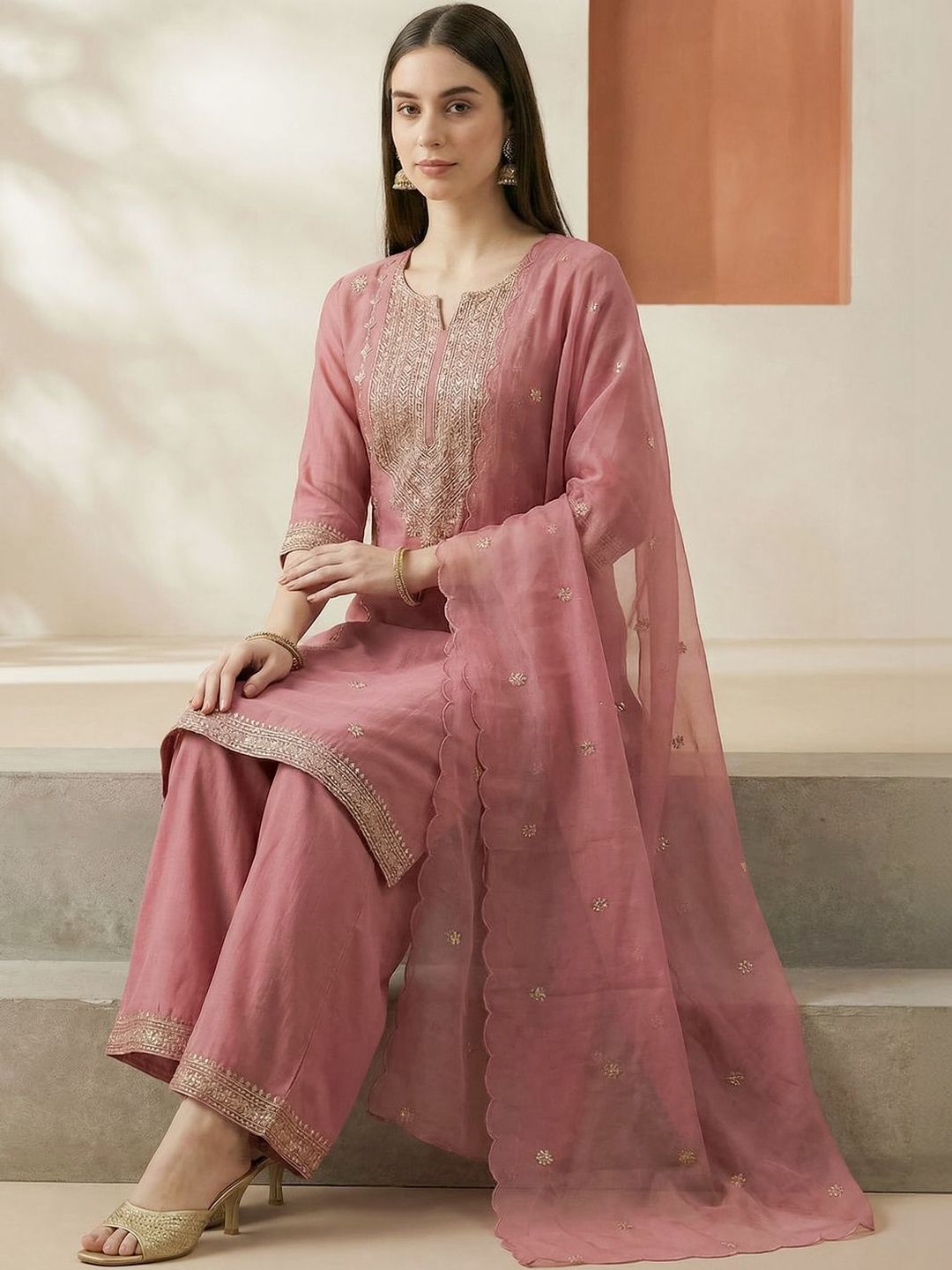 Indyancart IE Women Ethnic Motifs Embroidered Thread Work Kurta with Palazzos & With Dupatta