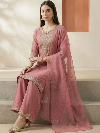 Indyancart IE Women Ethnic Motifs Embroidered Thread Work Kurta with Palazzos & With Dupatta