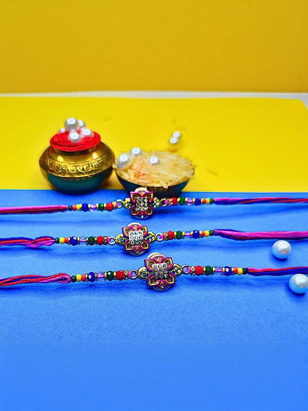Anouk Set Of 3 Beaded Cotton Thread with AD Stones & Meenakari Designer Rakhi for Brother