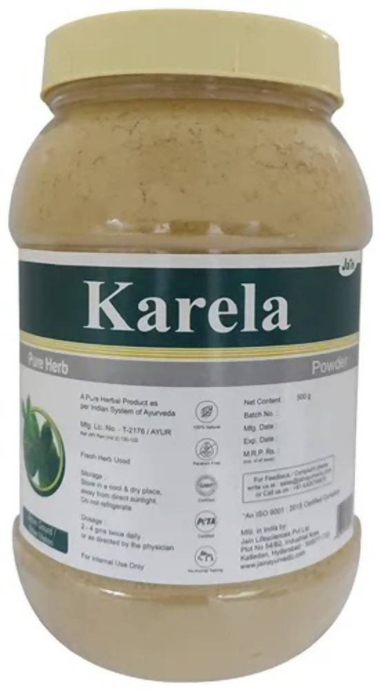 Sri Jain Ayurvedic Pharmacy Jain Karela Powder in a jar, showcasing the fine herbal powder for health and wellness.