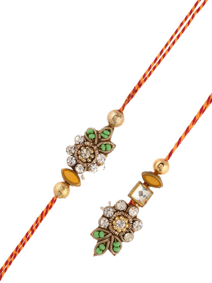 Anouk Kundan Studded Floral Bhaiya Bhabhi Thread Rakhi With Roli Chawal & Greetings Card