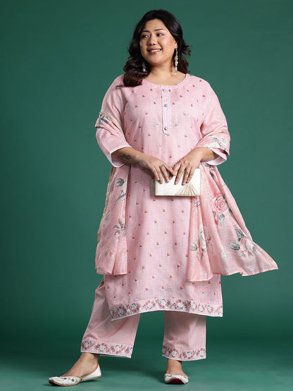 Indyancart Women's Pink Embroidered Straight Kurta With Trousers & Dupatta