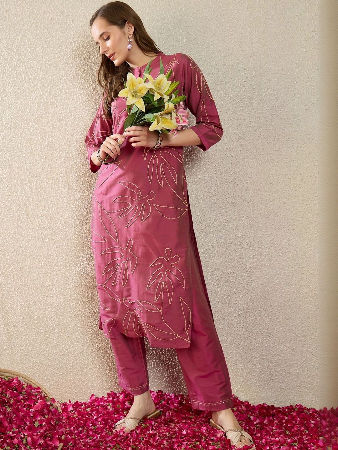 Indyancart IE Printed Mandarin Collar Three-Quarter Sleeves Pure Cotton Top With Trousers