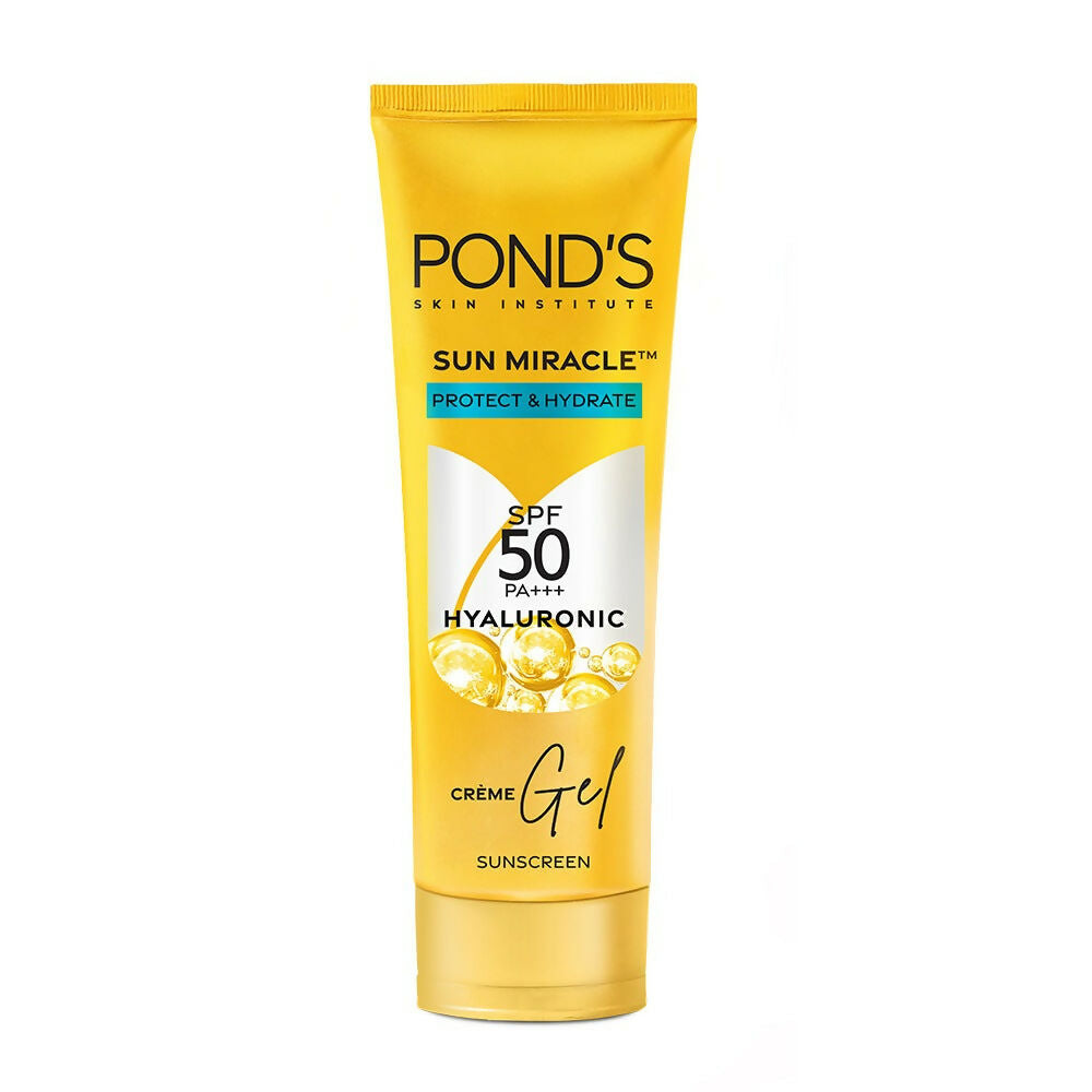 Ponds Sun Miracle SPF 50 PA+++ sunscreen crème gel in a white tube with blue cap, showing the product label.