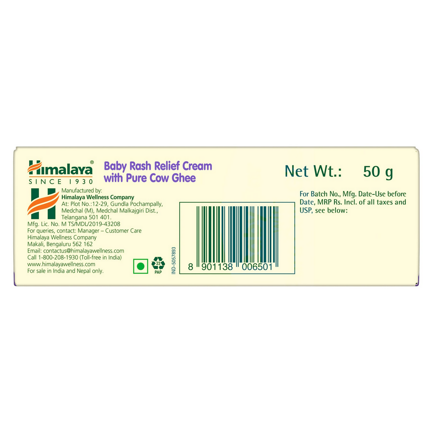Himalaya Herbals Baby Rash Relief Cream with pure cow ghee, shown as a gentle baby body lotion bottle with a white cap.