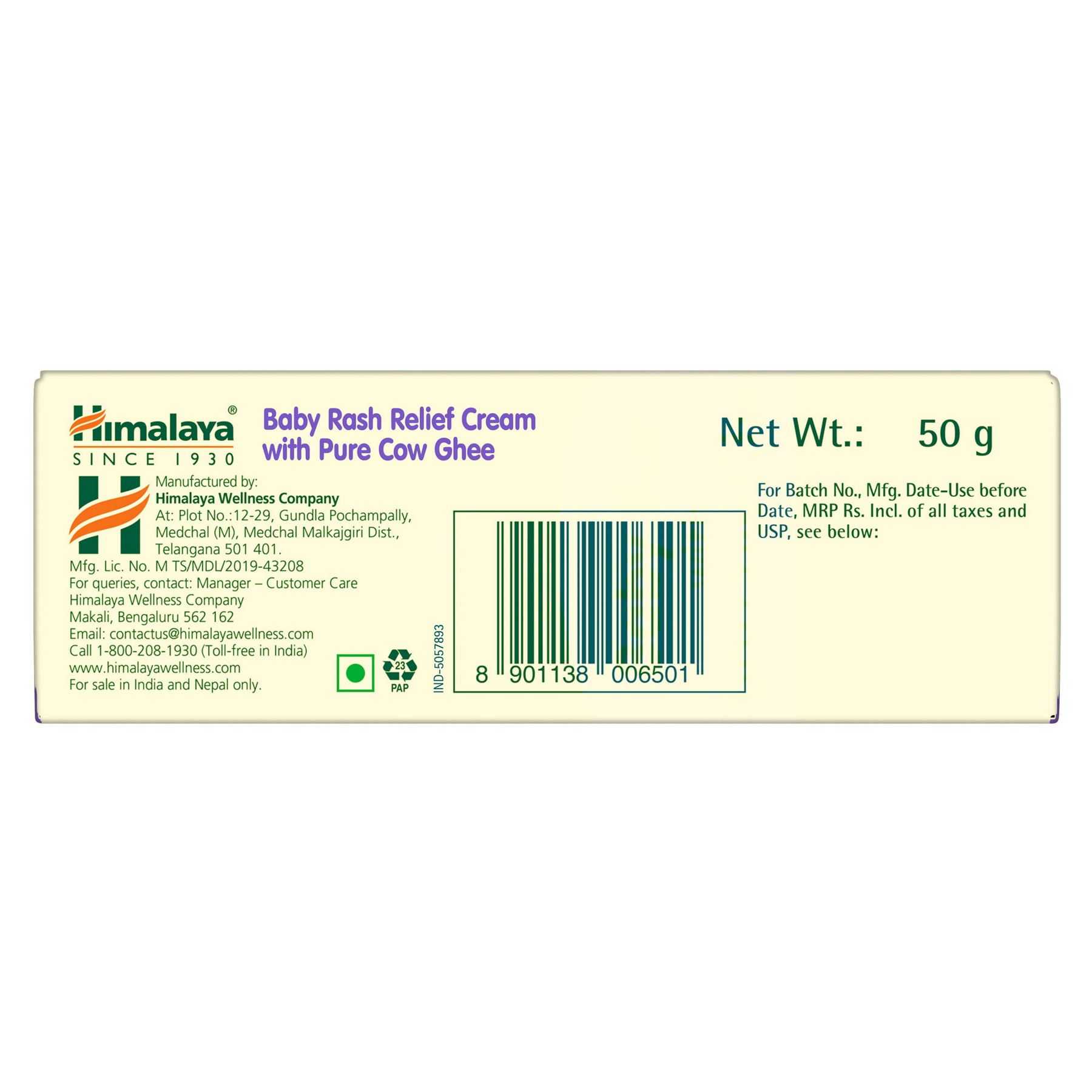 Himalaya Herbals Baby Rash Relief Cream with pure cow ghee, shown as a gentle baby body lotion bottle with a white cap.