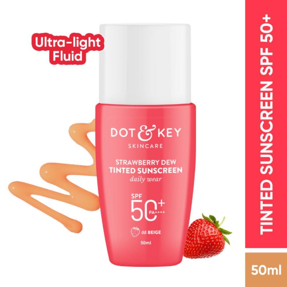 Dot & Key Strawberry Dew Tinted Sunscreen in 05 Beige, showing the lightweight tube with SPF formula and strawberry-themed design.