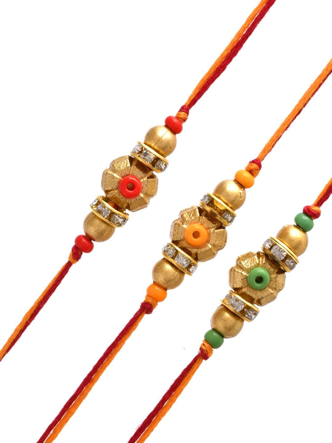 Anouk Set Of 3 Gold-Toned Beaded Rakhi With Roli Rice & Greeting Card