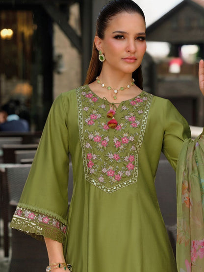 Women Floral Embroidered Regular Thread Work Liva Kurta with Trousers & With Dupatta