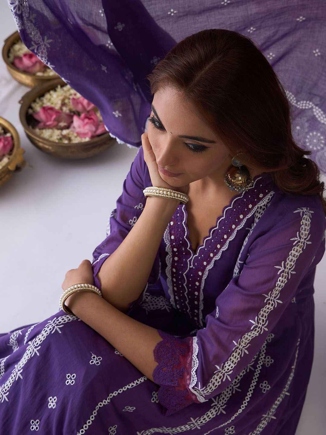 Ethnic Motifs Embroidered Pure Cotton A-Line Kurta Trousers & Dupatta