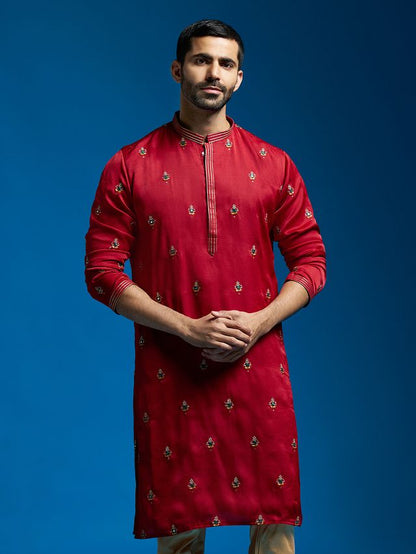 Men's Maroon Silk Blend Straight Kurta